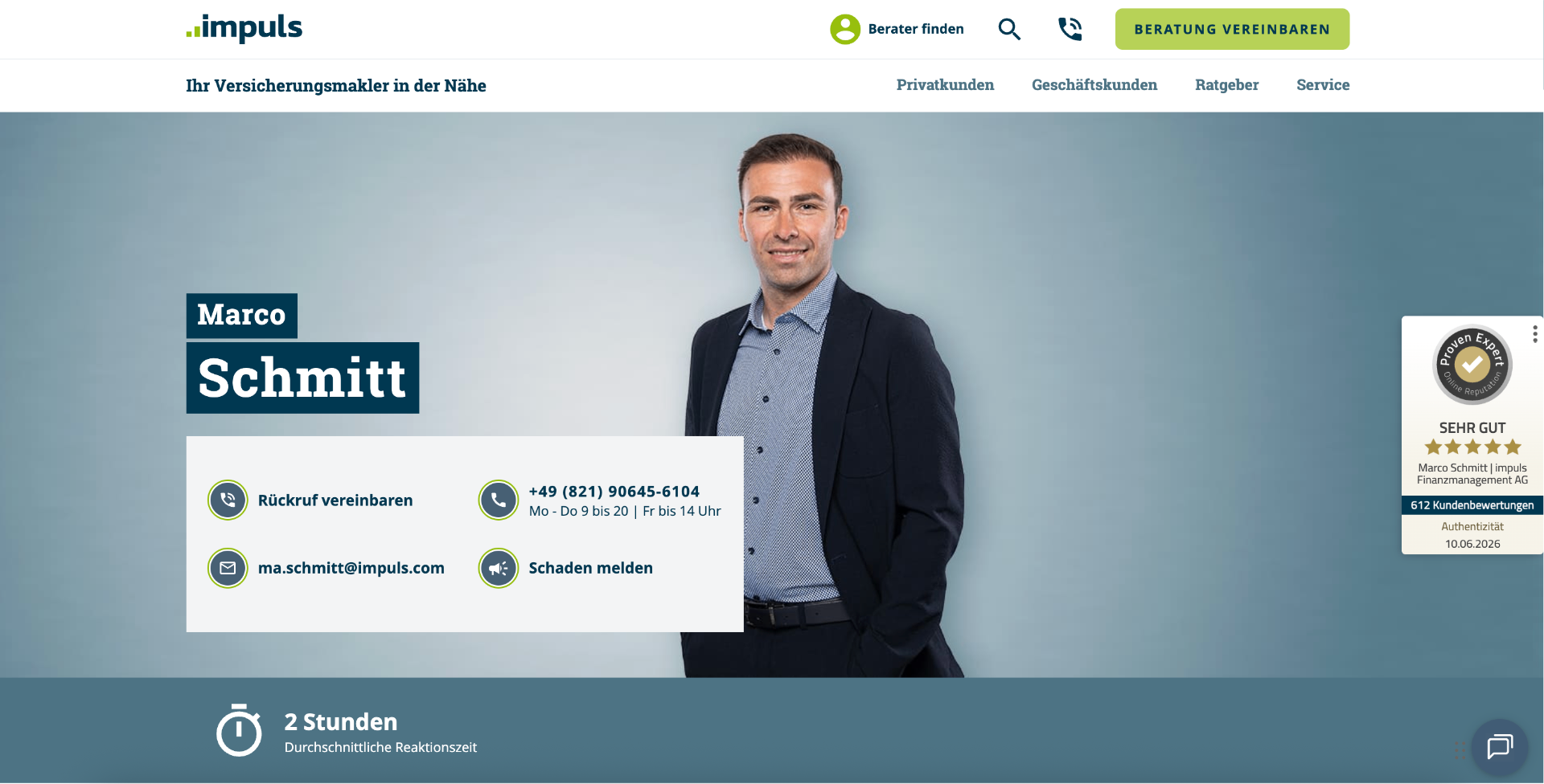 Berater-Profilseite auf impuls-finanzmanagement.de mit Kontaktoptionen und Bewertungen