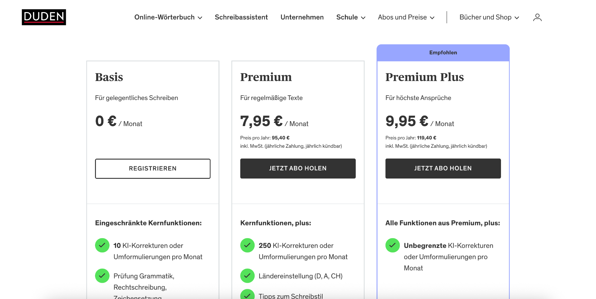 Duden Mentor Preisseite mit Basis-, Premium- und Premium-Plus-Abos